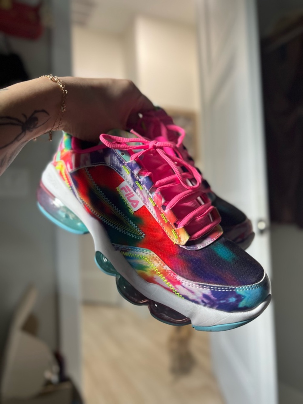 Fila Women's Tie-Dye Multi-Color Athletic Sneakers with Pink Laces